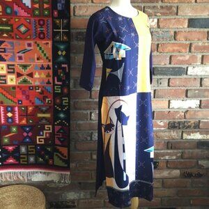 Art Deco Cat, Kurta MAXI LONG Pull-Over Shirt DRESS with side slits. XS